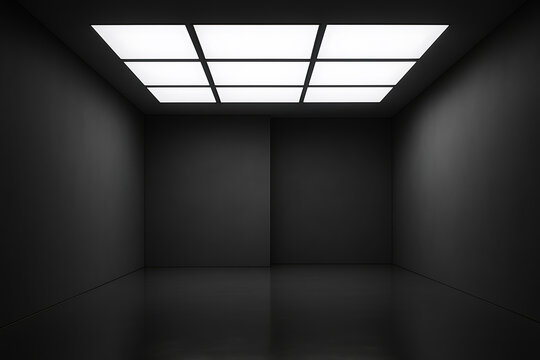Modern black room background showing luminous square ceiling concept futuristic abstract architecture with geometric minimal interior