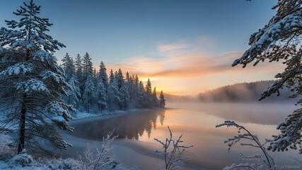 Serene Winter Sunrise Over a Misty, Reflective Forest Lake with Snow-Covered Pines