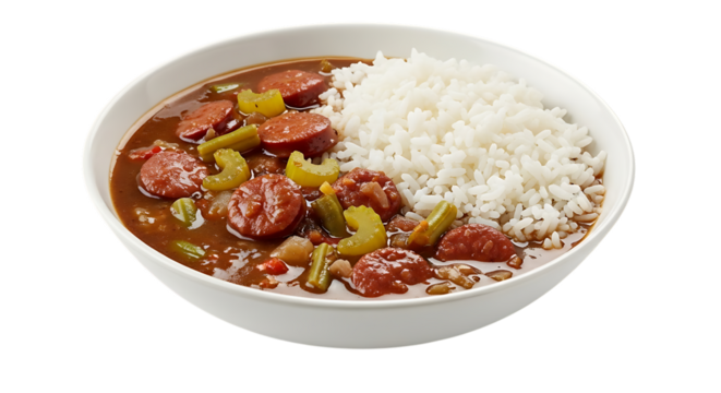 White bowl filled with hearty gumbo and fluffy white rice, isolated on a transparent background, cutout, PNG
