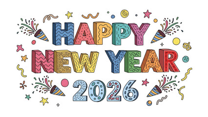 Colorful 'Happy New Year 2026' Celebration Design with Confetti and Festive Elements