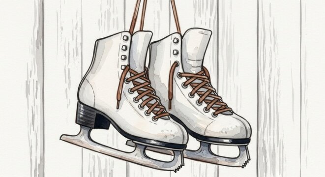 Wei&szlig;e Schlittschuhe h&auml;ngen vor hellem Holzhintergrund als nostalgische Winterillustration f&uuml;r Weihnachtskarten und saisonale Designs Generative KI