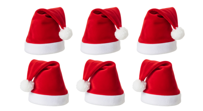 Six small red santa hats with white pom poms on black background
