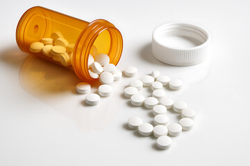 Medical pharmacy concept with orange pill bottle and scattered tablets showing healthcare treatment cure patient medication and drug addiction issues