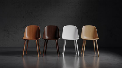Obraz premium Four modern dining chairs in wood tones and white arranged in a row against a dark textured wall 1