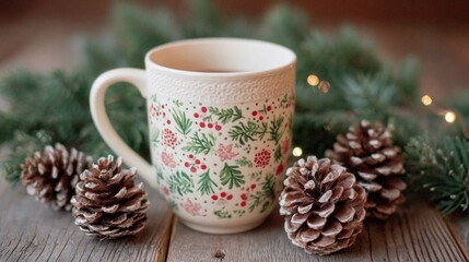 A beautifully decorated mug sits on rustic wooden planks, surrounded by pine cones and fresh greenery. Soft lights twinkle in the background, creating a warm, inviting atmosphere