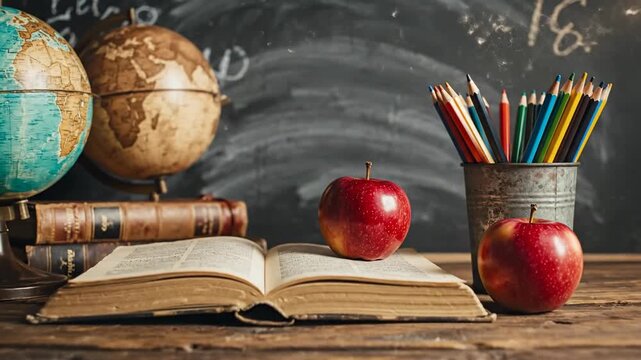 Education supplies still life with book globe and apples on wooden desk