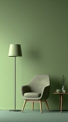 Minimalist interior design with armchair lamp and side table against green wall