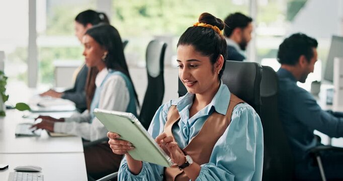 Media agency, thinking and woman with tablet, internet and copywriting with article publication. Person, planning or journalist in office, tech or creativity with magazine editor, column or coworking