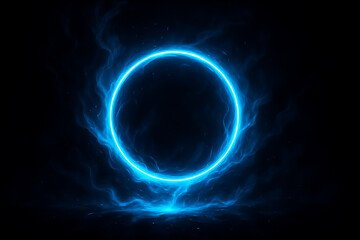 Glowing neon blue energy circle creating mystical futuristic dark background symbolizing magic technology and abstract cosmic portal