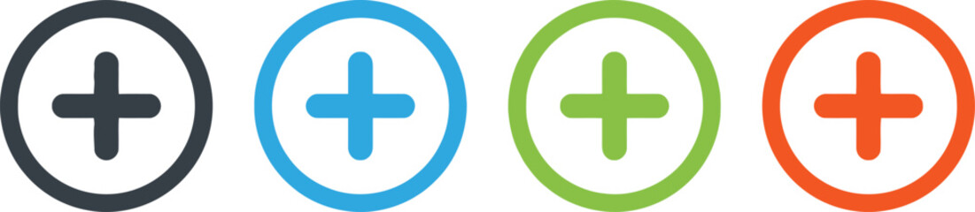 plus, sign, icon, circle, set, colorful, graphic, design, symbol, add, new, create, positive, health, medical, science, technology, blue, green, orange, dark gray, white, background, collection, eleme