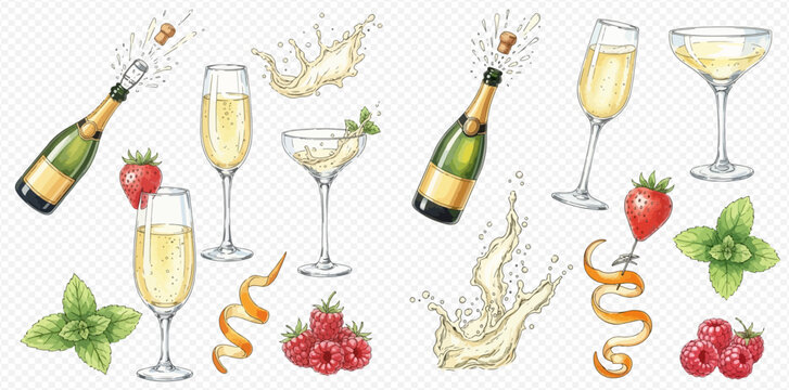 Watercolor illustration set of champagne bottles, glasses, and garnishes with splashes, perfect for celebrations and festive occasions.