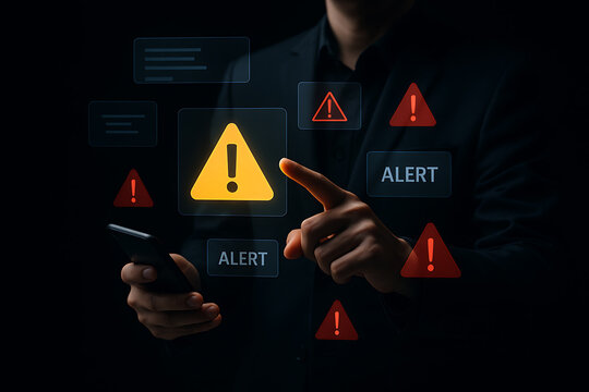 Futuristic interface showing multiple alert icons with businessman analyzing critical warning signs on secure digital technology screen - Powered by Adobe