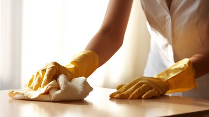 A person wearing yellow gloves diligently cleans a wooden surface with a cloth in a warm, sunlit space. The light creates a serene and tidy environment, perfect for relaxation