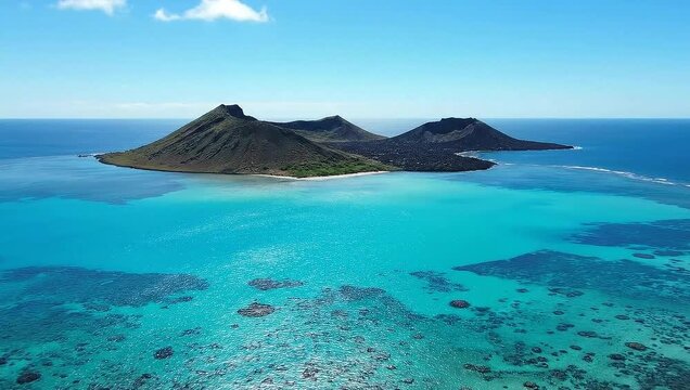 Stunning Aerial View of Mokulua Islands and Turquoise Ocean in Hawaii.