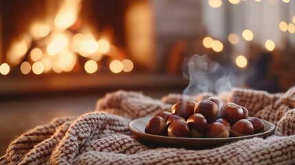 Roasted chestnuts on vintage ceramic plate next to fireplace, warm firelight illuminating the scene, steam rising from hot chestnuts, cozy blanket and autumn decor in soft focus background
