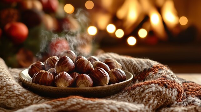 Roasted chestnuts on vintage ceramic plate next to fireplace, warm firelight illuminating the scene, steam rising from hot chestnuts, cozy blanket and autumn decor in soft focus background - Powered by Adobe