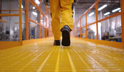Obraz premium A worker in yellow protective clothing walks across a yellow metal walkway with orange railings in an industrial setting, focusing on safety and accessibility within the facility.