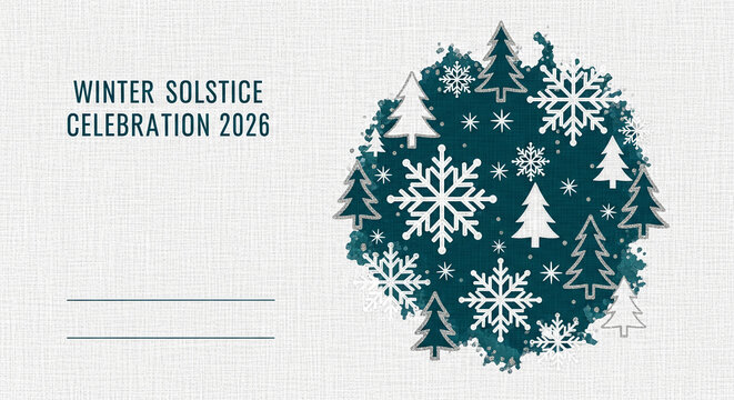 Festive image with tree and snowflake circular design, symbolizing winter solstice celebration. Simple, clean aesthetic for seasonal events promotion