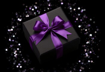 Above photo of black giftbox with purple ribbon wrapped as bow confetti and glitter around isolated on the black background