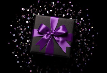 Above photo of black giftbox with purple ribbon wrapped as bow confetti and glitter around isolated on the black background