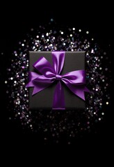 Above photo of black giftbox with purple ribbon wrapped as bow confetti and glitter around isolated on the black background