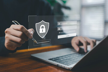 A digital security shield with a lock icon above a login interface represents cybersecurity, password protection, secure access, data privacy, and identity authentication in modern online systems.