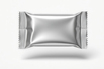Silver foil blank square food snack packet with zigzag edges floating over a clean white background mockup