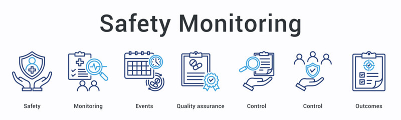 Safety monitoring banner web icon tracks events and quality assurance through control mechanisms measuring outcomes carefully.