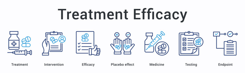 Treatment efficacy banner web icon evaluates intervention effectiveness against placebo effect through medicine testing to endpoint.
