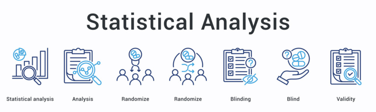 Statistical analysis banner web icon employs randomization and blinding techniques ensuring validity throughout analytical process.