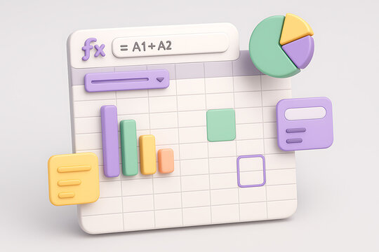 Colorful 3D spreadsheet chart with bar graph pie diagram and formula function for financial data analysis visualization concept