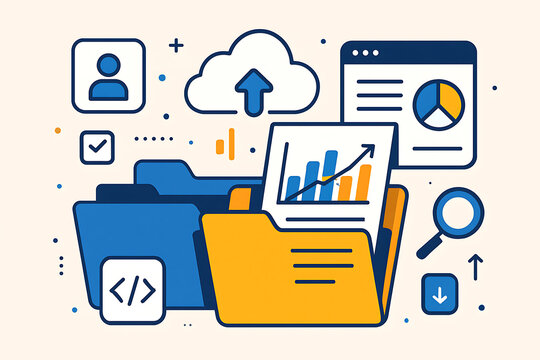 Cloud computing illustration with folder icons graphs upload symbol representing business data storage analytics and online digital management
