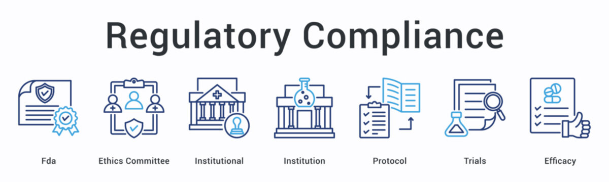 Regulatory compliance banner web icon ensures fda and ethics committee institutional protocol adherence measuring trials efficacy.