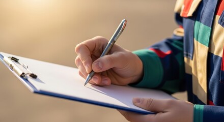 An industrial worker's hand holding a pen and writing on a clipboard, documenting a safety inspection report or audit
