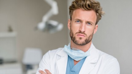 A skilled dentist stands confidently in a contemporary clinic setting. He wears a white coat and surgical mask, showcasing a professional demeanor as he prepares for patient care