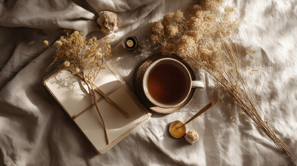 Cozy tea time with dried flowers. A serene composition featuring a cup of tea, dried flowers, and a book on a soft, textured surface, perfect for invitations.