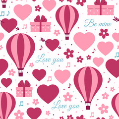 Valentine day pattern. Seamless background. Love prints with hearts, hot air balloons and gift boxes. Cute red wrapping paper. Vinous girly texture. Vector illustration. Romantic scrap design