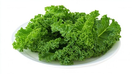 Obraz premium Fresh Green Kale on White Plate Isolated. Generative AI