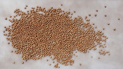 Raw coriander seeds scattered on light background top view. Generative AI