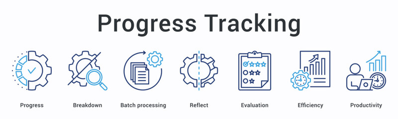 Progress tracking banner web icon monitors advancement through breakdown and batch processing with reflection and evaluation for efficiency.