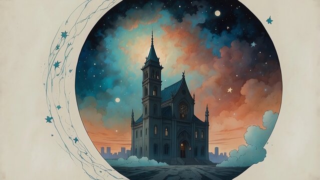  ゲーム背景　ワープ門から見える夜の宮殿壁紙風