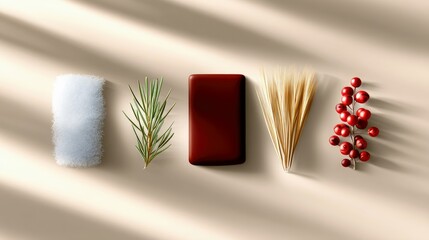 A flat lay arrangement of winter-themed natural elements and a dark rectangular object, set against a neutral background with soft, dappled light and shadows.