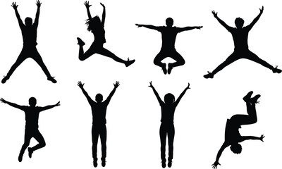 Jumping people silhouettes, energetic human poses, active fitness movement, joyful jump figures, dynamic action set, sport activity illustration, celebration vector artwork
