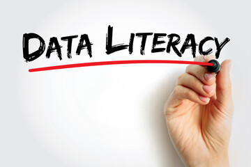 Text Data Literacy handwritten and underlined in red, symbolizing knowledge, analytics, and understanding of information