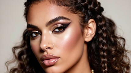 Young woman with bright makeup and braided curly hair close-up looking at the camera.
