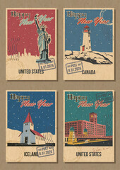 New Year Greeting Cards, American Countries Attractions Postcards Retro Illustrations. USA Statue of Liberty, Canada Cape Mudge Lighthouse, Iceland Vik i Myrdal Church, Chicago Reid Murdoch Building