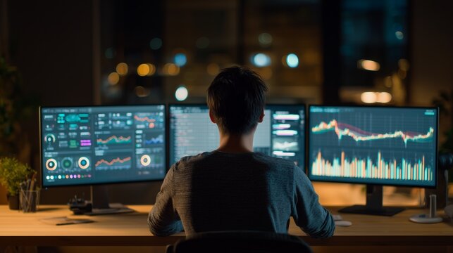 Person at desk with three monitor displaying analytics and chart, representing conversion optimization and data-driven growth.