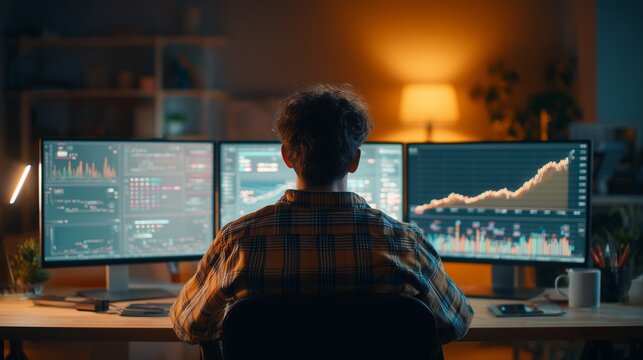 Analyst at dual monitor workstation reviewing code and conversion chart for digital marketing conversion optimization.