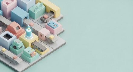 Industrial control system with pastel colored factory models. This industrial control system scene shows several miniature buildings in isometric view,