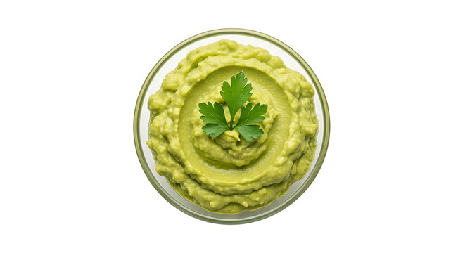 Creamy green guacamole in a clear bowl garnished with a fresh parsley sprig, isolated on a transparent background, cutout, PNG